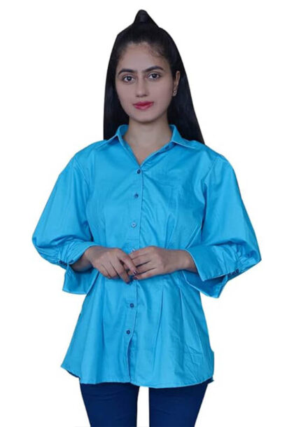 Band Collar Button Down Pleated Blue Shirt