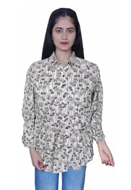 Band Collar Pleated Button Down Black & White Shirt