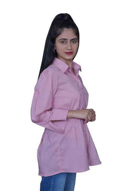 Band Collar Pleated Button Down Pink Shirt