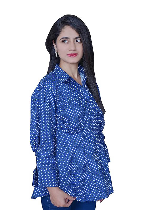 BellaTonna Band Collar Pleated Button Down Polka Dotted Shirt