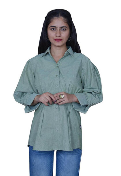Band Collar Pleated Button Down Green Shirt