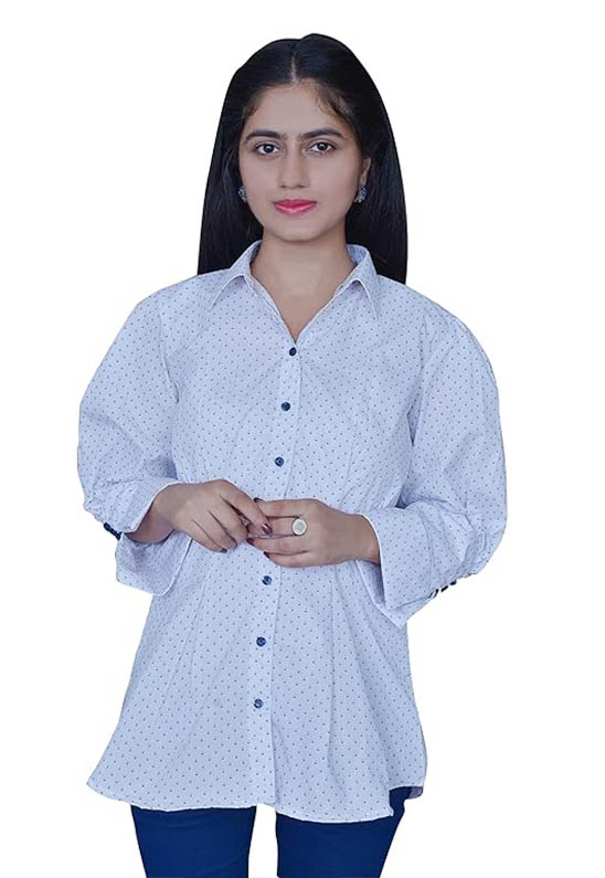 Band Collar Button Down Pleated White Shirt